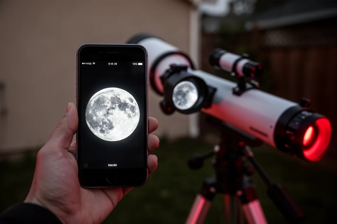La luna piena e luminosa fotografata attraverso l'oculare di un telescopio