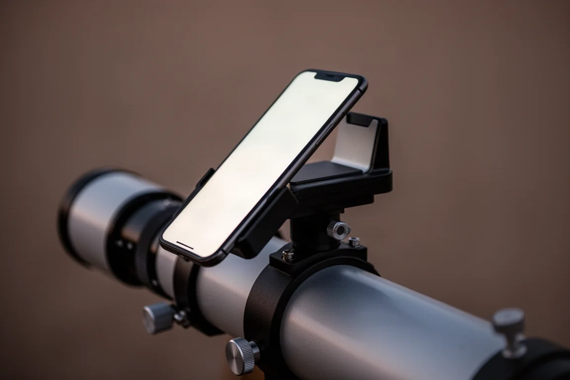 Smartphone auf einem Teleskop nahe dem Okular aufgesetzt, eine Sternbeobachtungs-App geöffnet