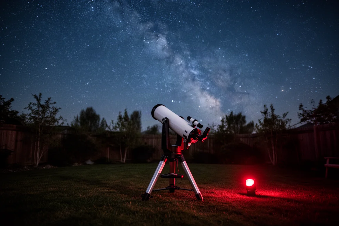 Silhouette eines Hobbyastronomen neben einem Teleskop unter sternklarem Nachthimmel