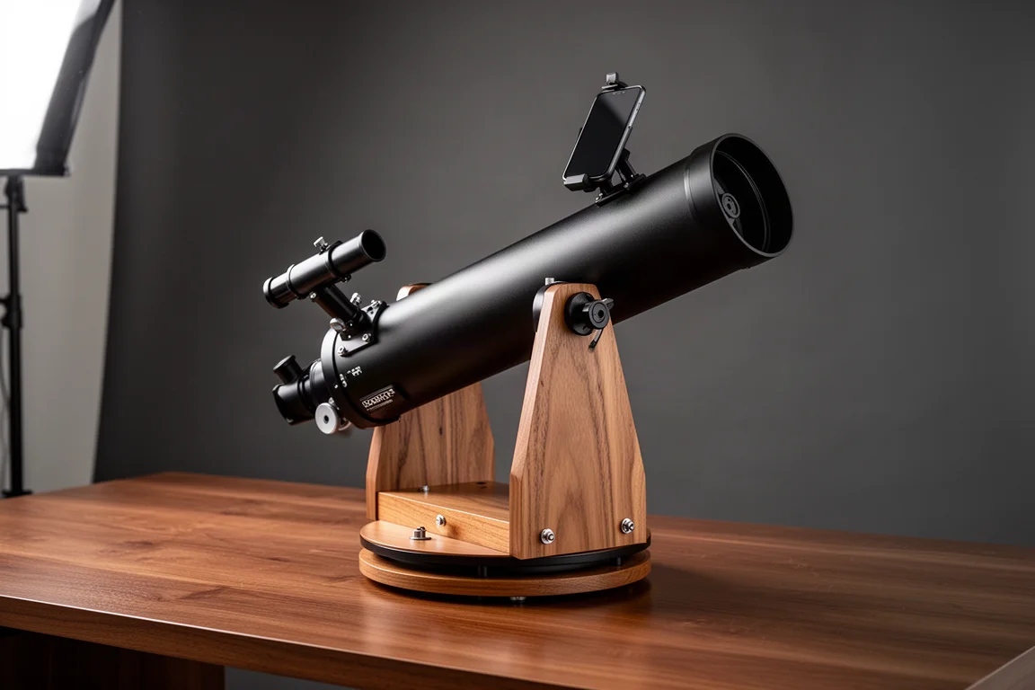 Celestron StarSense Explorer 8 吋杜布森望遠鏡安置於其搖桿箱底座上