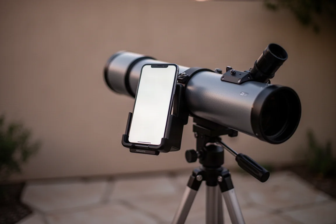 Smartphone auf einem Teleskop-Dock montiert, bei Dämmerung mit Ausrichtungsbildschirm