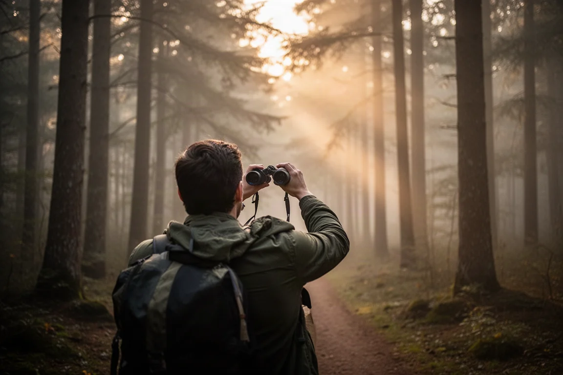 Vogelbeobachter hält Fernglas im Wald bei Morgendämmerung