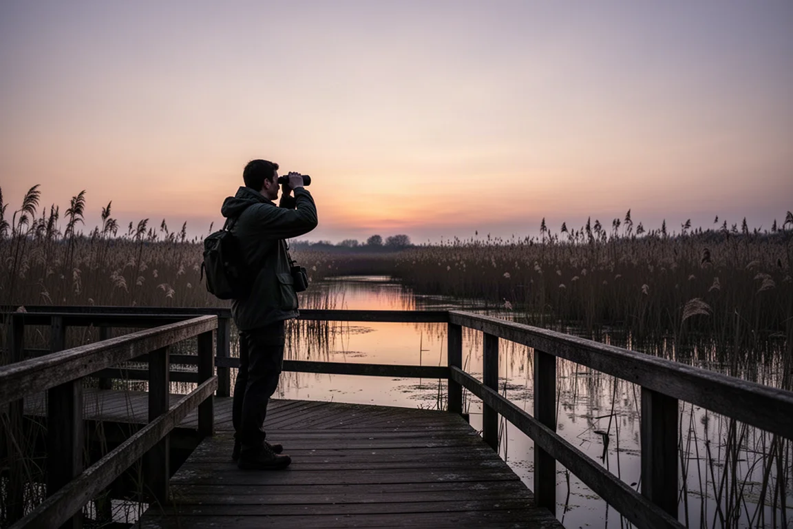 Vogelbeobachter scannt mit dem Fernglas eine Uferzone bei Dämmerung