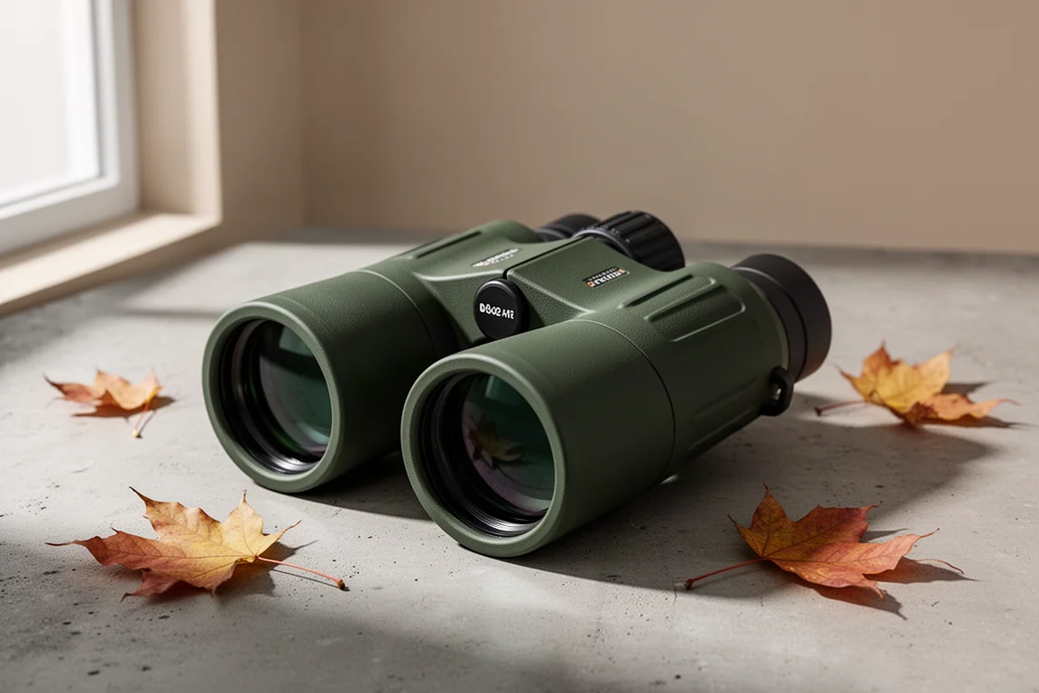 Rubber-armored 8x42 binoculars on a concrete surface with autumn leaves