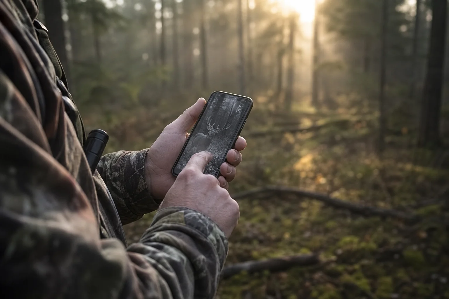 Cazador revisando los datos de la cámara de seguimiento en su smartphone en un claro del bosque