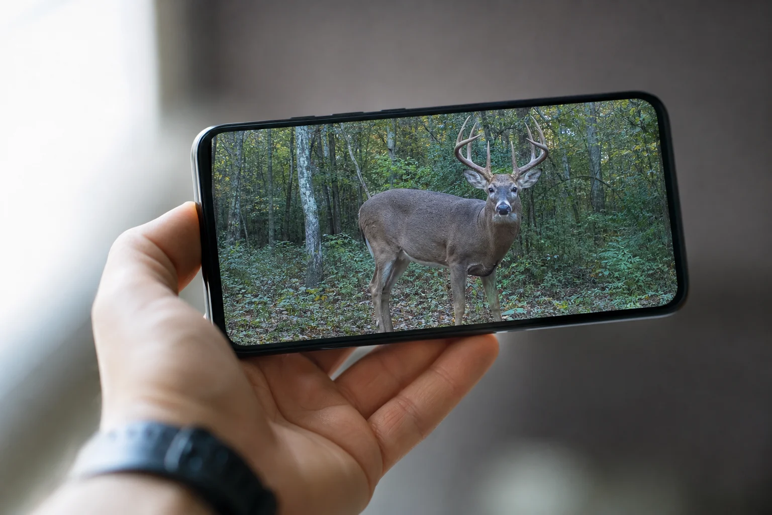 Smartphone mostrando una foto de alta resolución de vida silvestre tomada por una cámara de seguimiento