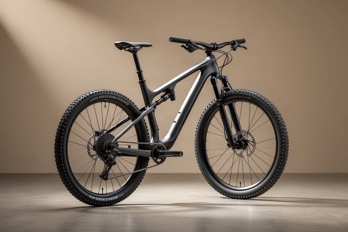 Lichtgrijze carbon cross-country mountainbike met volledige vering, zijaanzicht op beton