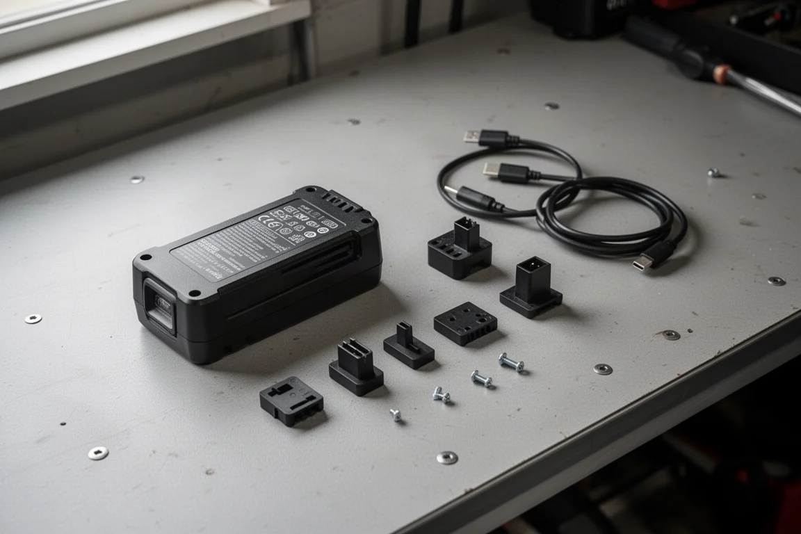 Batteria universale per utensili con adattatori disposti su un banco da lavoro