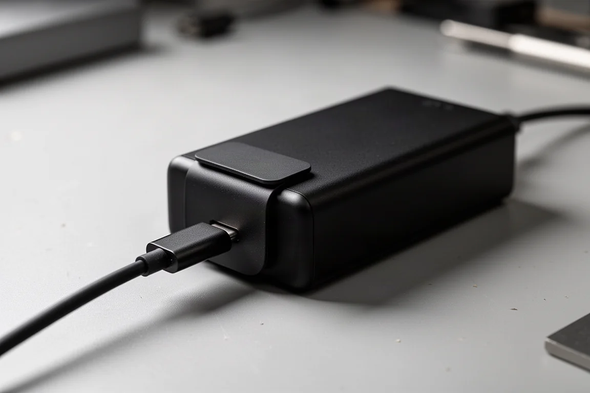 Cavo USB-C collegato all'estremità di una batteria su un banco da lavoro