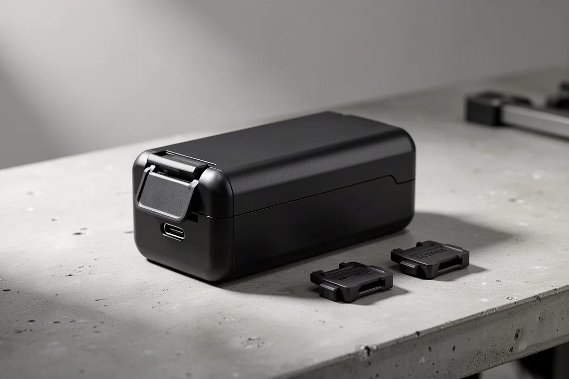 Universal power tool battery pack with adapters on a concrete workbench