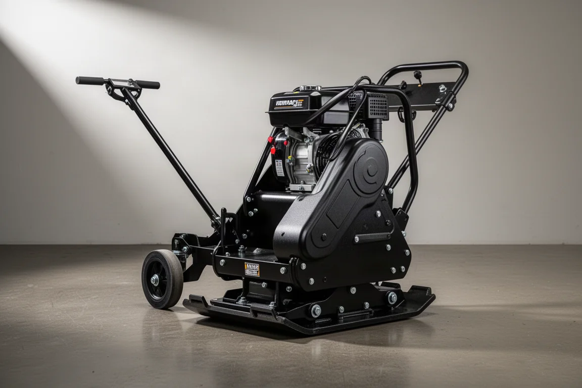 Heavy plate compactor with fold-down wheels on a concrete shop floor