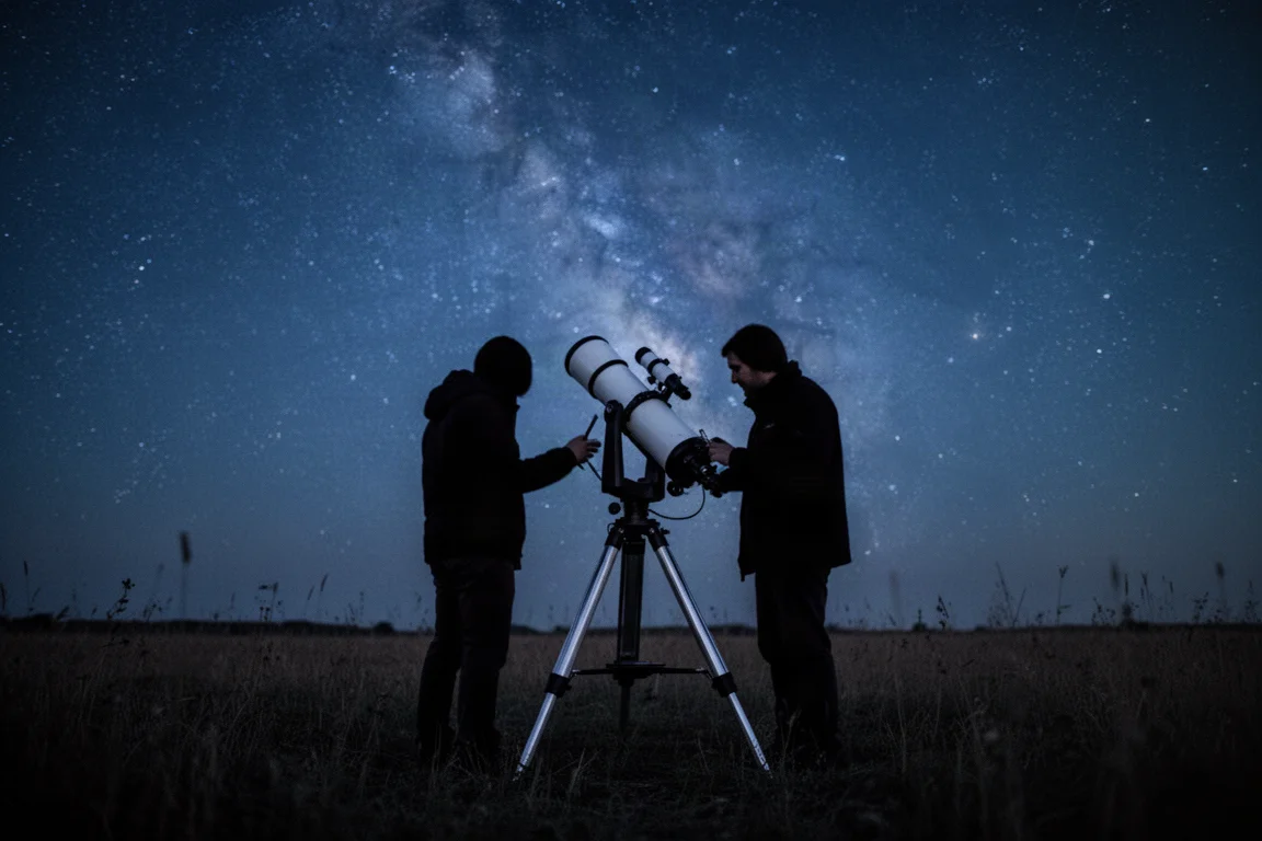 Astrofotograf, der nachts ein Teleskop auf einem dunklen Feld justiert