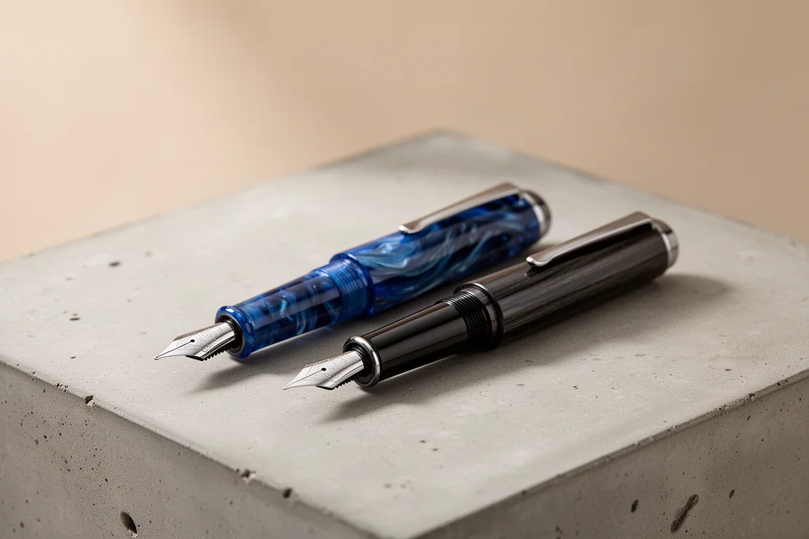 Two handcrafted fountain pens side by side, one in swirled blue acrylic and one slightly wider
