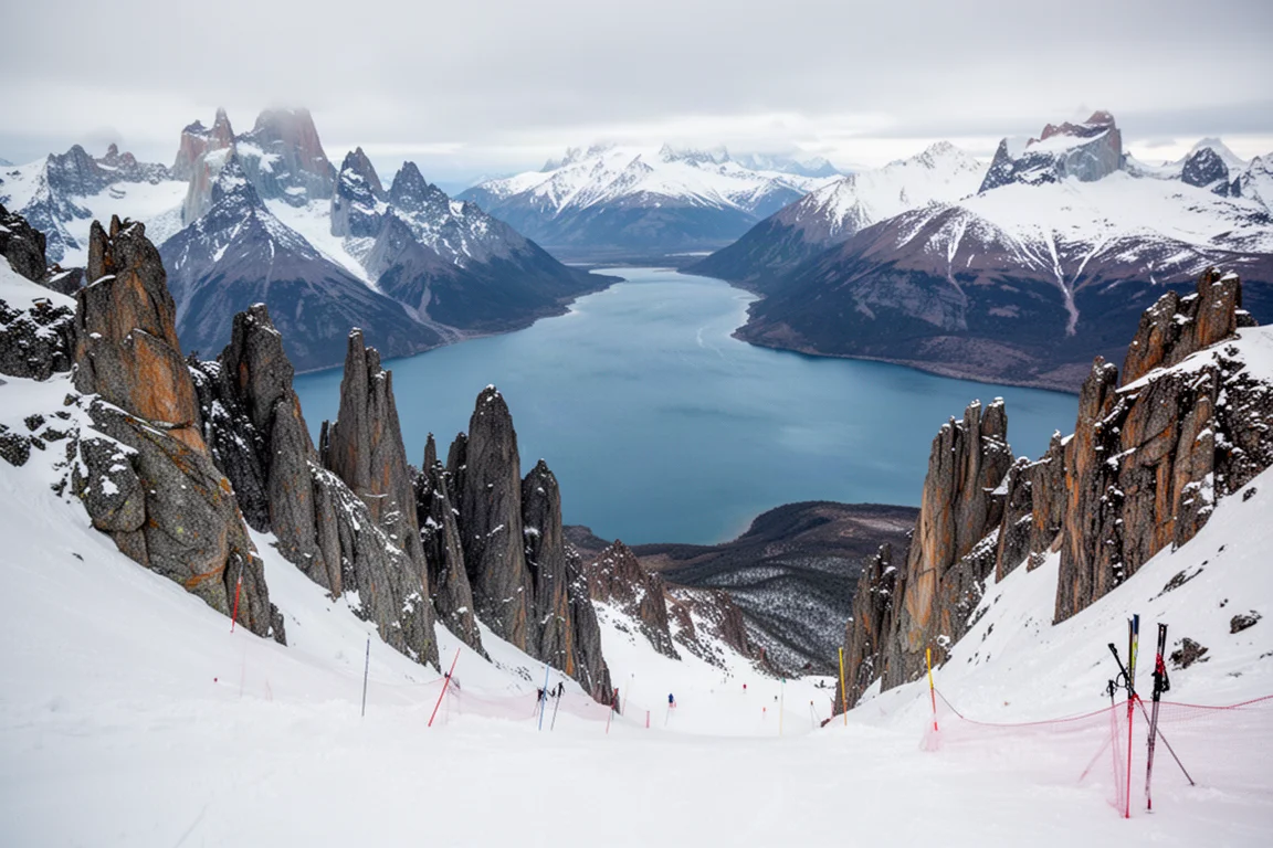 Vista panorámica de picos patagónicos y un lago azul desde una pista de esquí