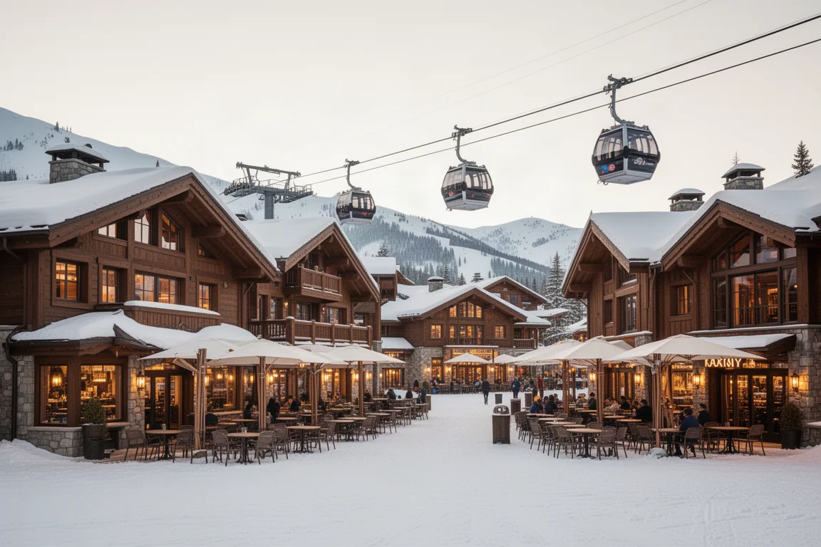 Base de una aldea de esquí estilo chalet con restaurantes y techos cubiertos de nieve