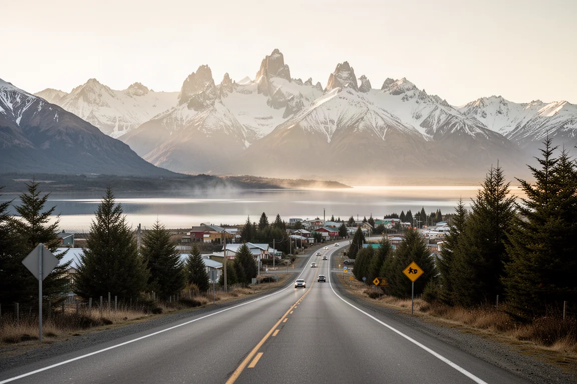 Carretera serpenteante desde un pueblo junto al lago hacia pistas de montaña nevadas