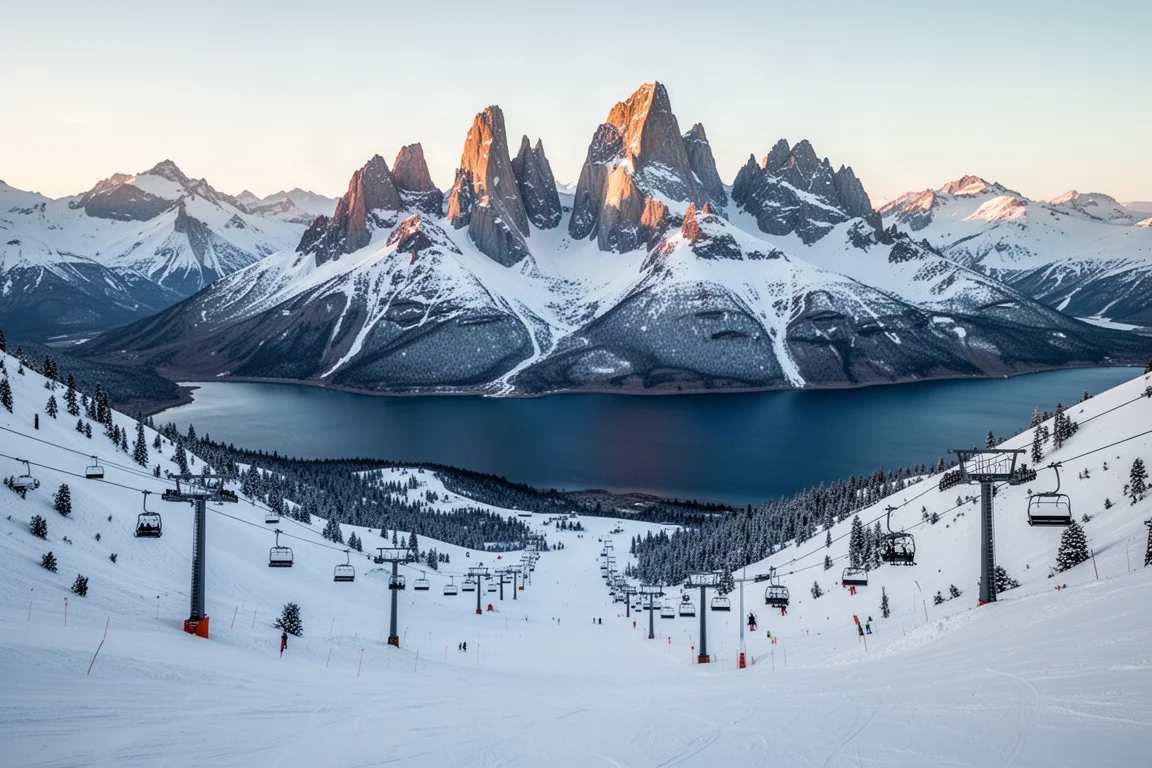 Panorama of a Patagonian ski resort with snowy slopes, jagged peaks, and a blue lake