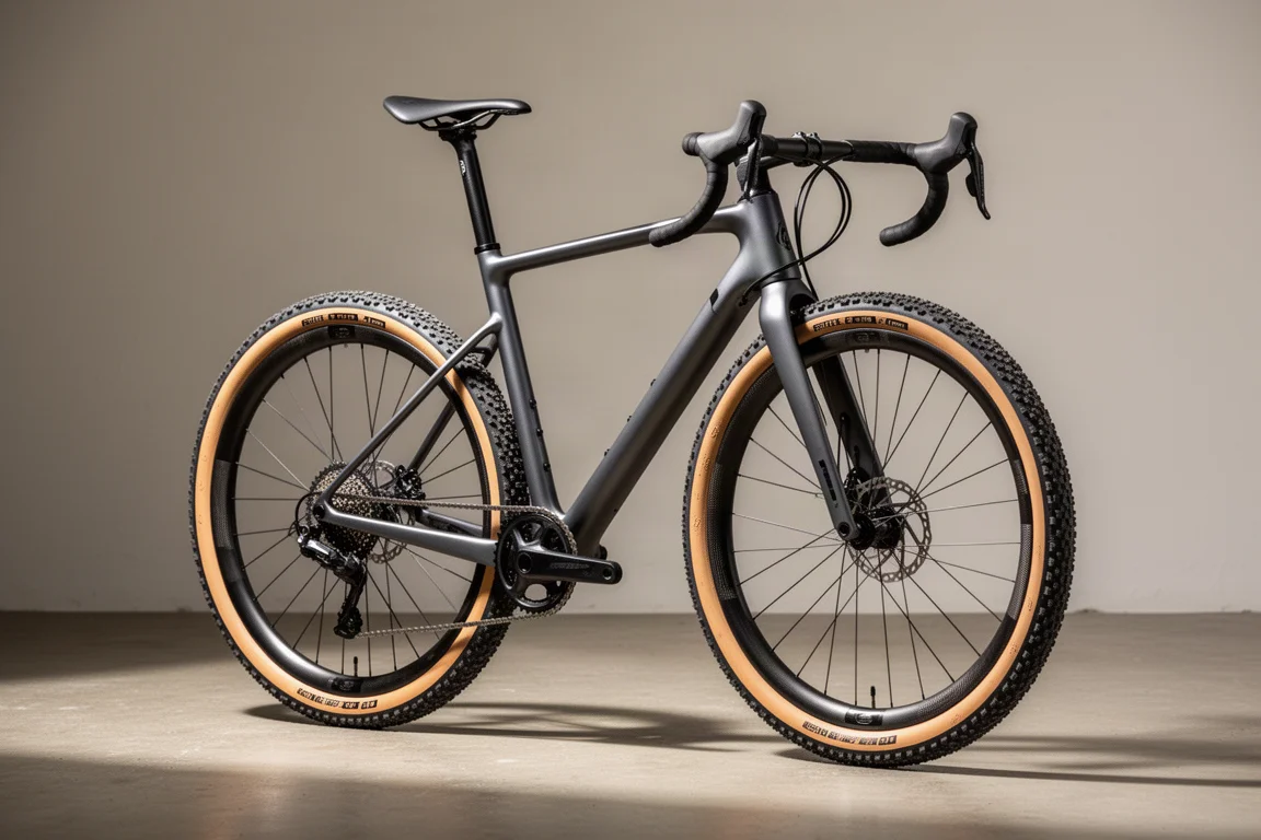 Carbon gravelracefiets met aflopende bovenbuis en 40mm-banden op een betonnen vloer