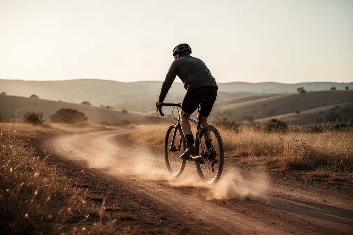 Ciclista pedalando em estrada de terra solta na hora dourada, com poeira atrás da roda