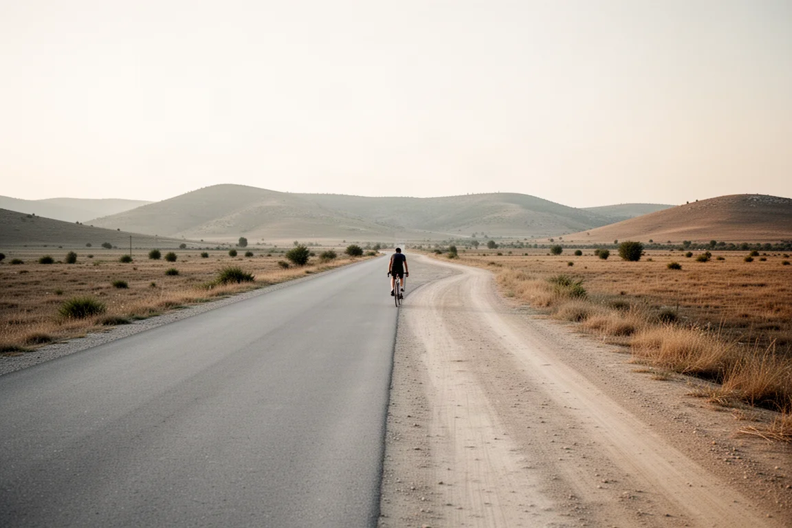Ciclista pedalando onde o asfalto encontra uma pista de terra seca em um percurso de superfície mista