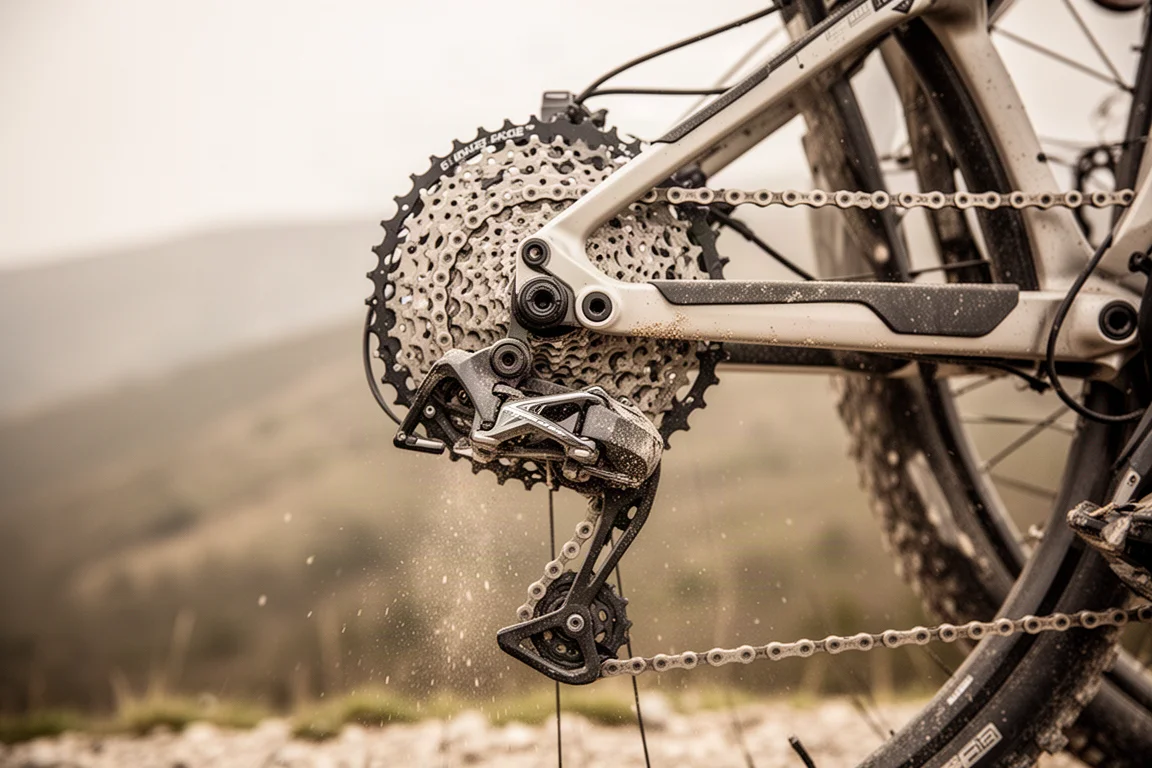 Primer plano de un desviador trasero de bicicleta y un cassette de gran rango subiendo una pendiente de gravel