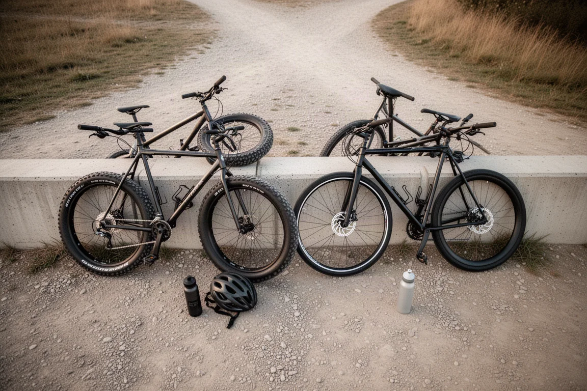 Dos bicicletas apoyadas contra un muro bajo de hormigón en un cruce de sendero de gravel