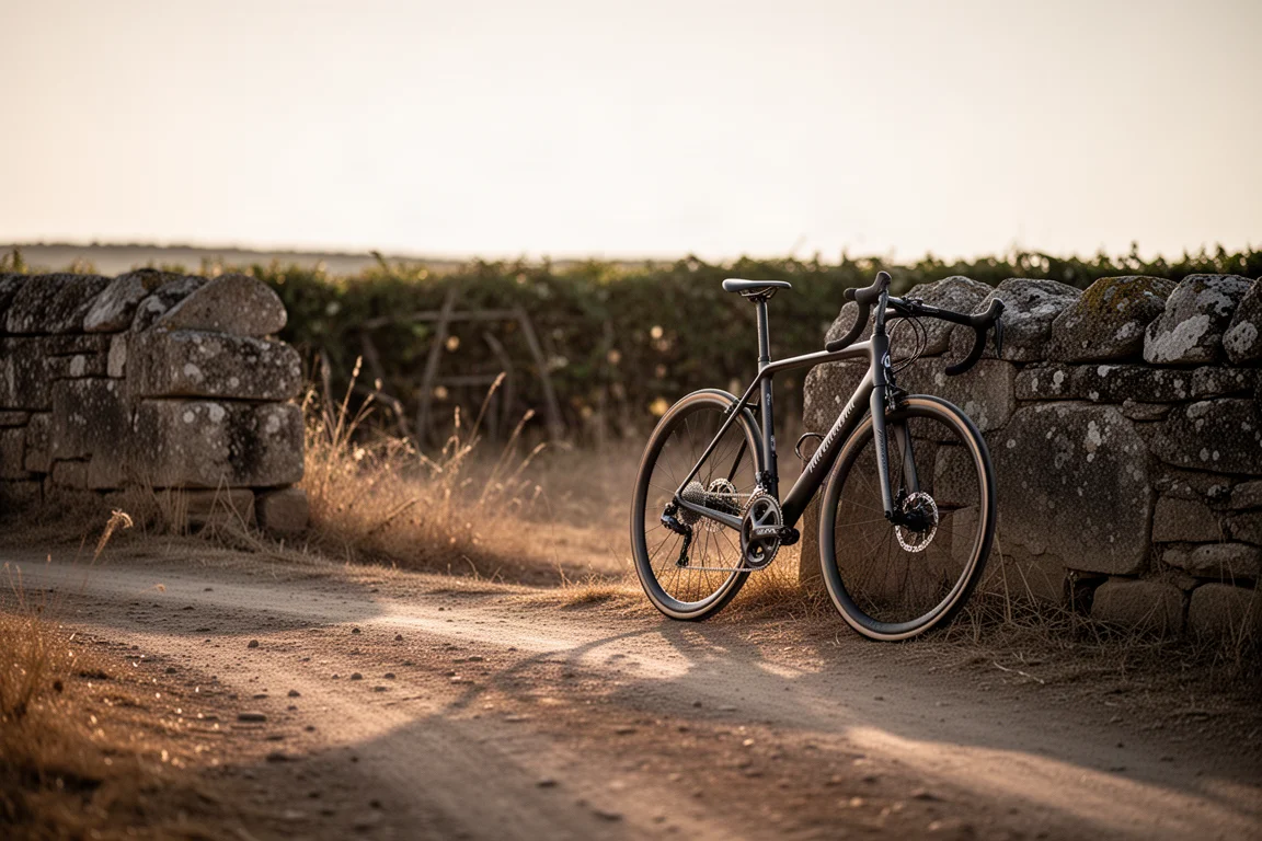 Bici da strada endurance appoggiata a un muro su una strada sterrata asciutta durante l'ora d'oro