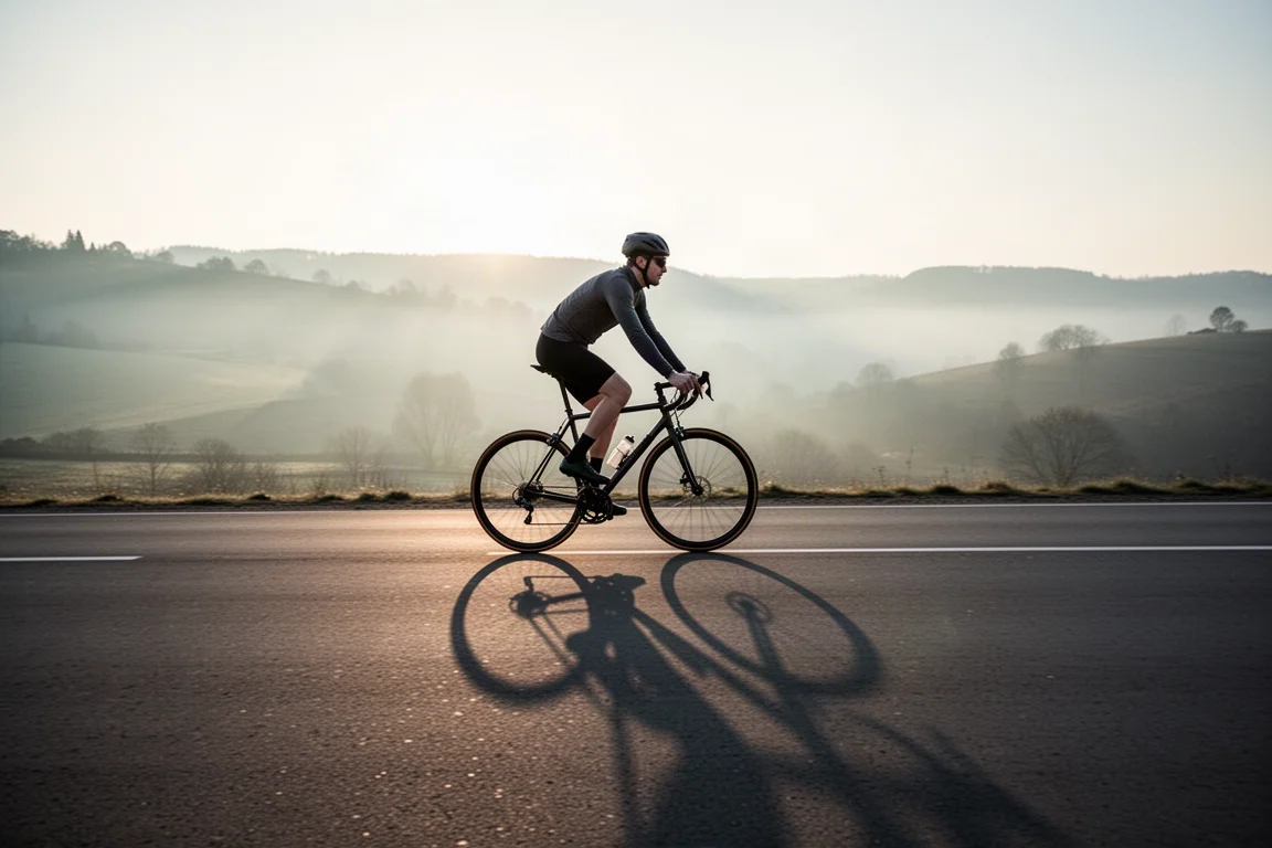 Ciclista su una strada in asfalto liscio all'alba con colline sullo sfondo