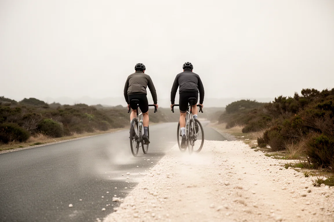 Due ciclisti su un percorso misto dove l'asfalto lascia il posto al gravel sciolto