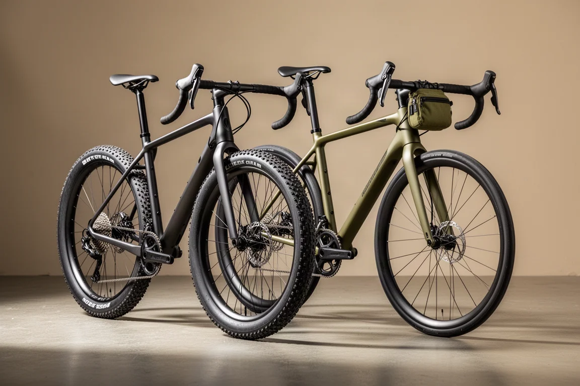 Gravelbike met noppenbanden naast een endurance-roadfiets met slicks op beton