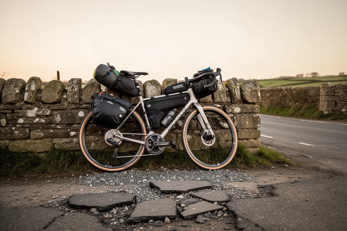 Loaded endurance road bike leaning against a stone wall on a quiet countryside road