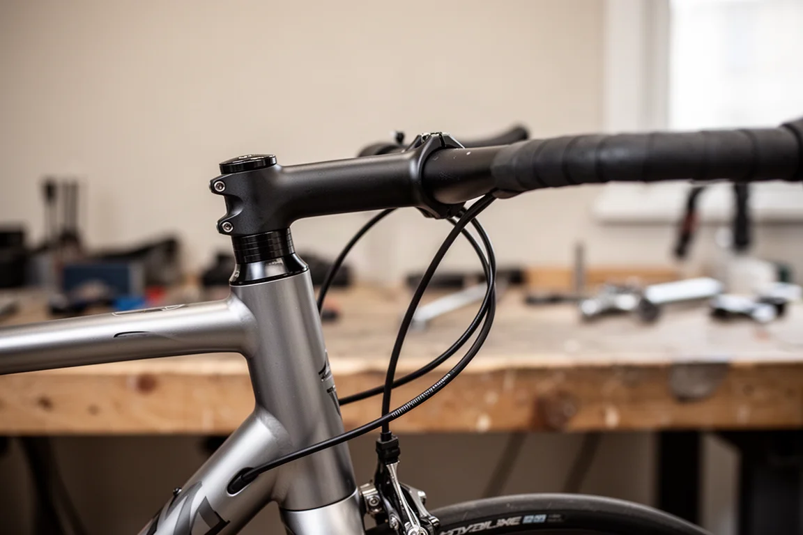 Close-up of a road bike front end with internal cable routing and an integrated spacer top cap