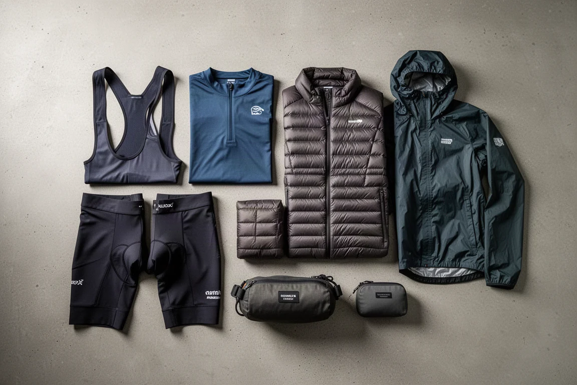 Overhead flat-lay of compact bikepacking kit arranged on a concrete surface