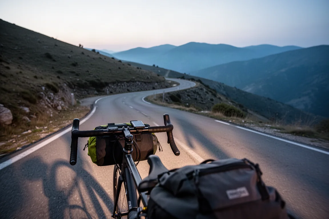 Winding mountain road at dusk seen from the perspective of a loaded road bike