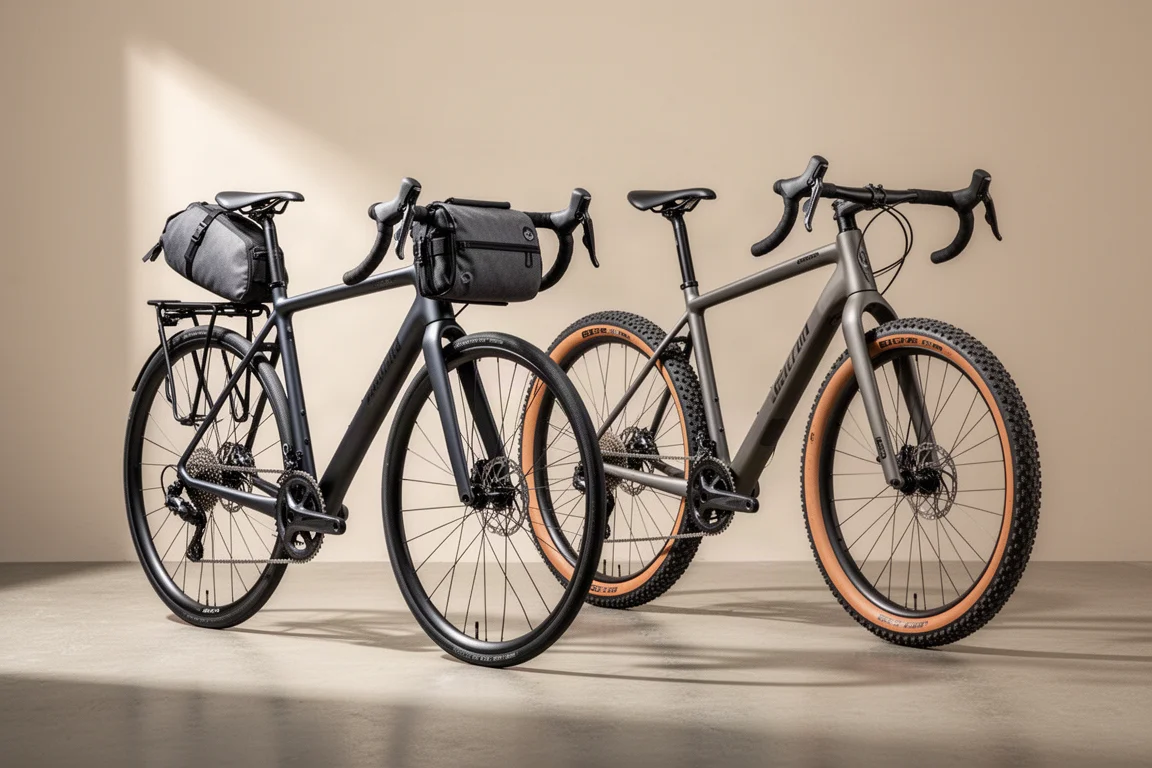 Endurance road bike with rear luggage beside a gravel bike on a concrete surface