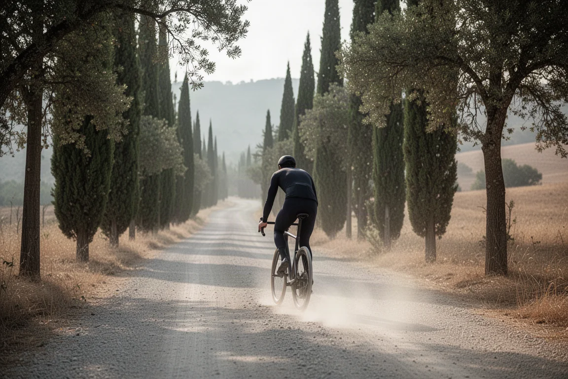 Ciclista pedalando em uma trilha de fazenda em gravel compactado ladeada por ciprestes