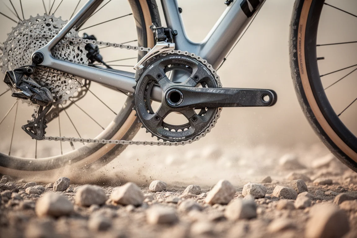 Detalhe de transmissão de bicicleta empoeirada com cassete de ampla faixa no gravel