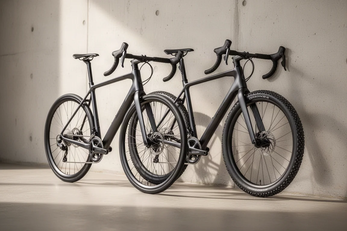 Twee carbon fietsen met racestuur en weg- en gravelbanden tegen een betonnen muur