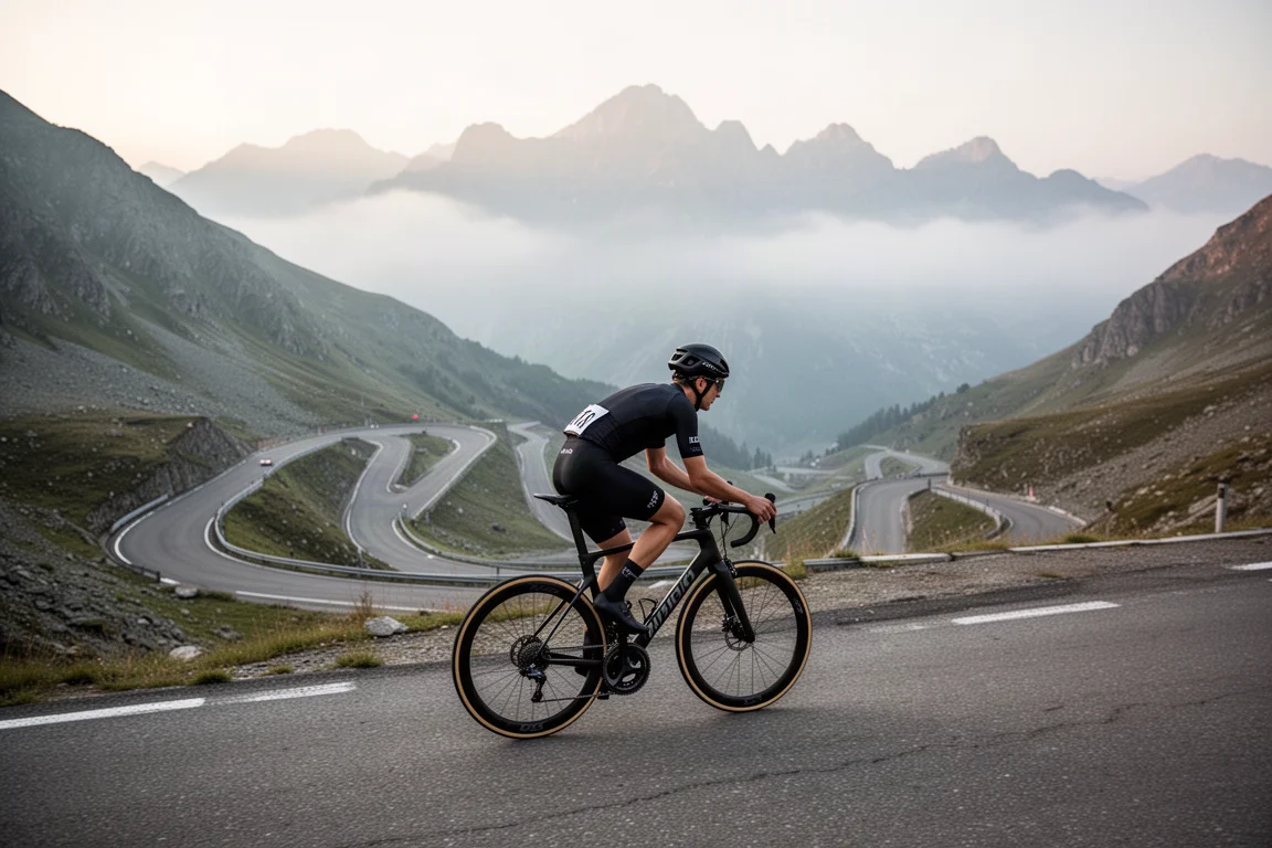 Ciclista de carretera subiendo una empinada carretera de montaña con luz suave de la mañana