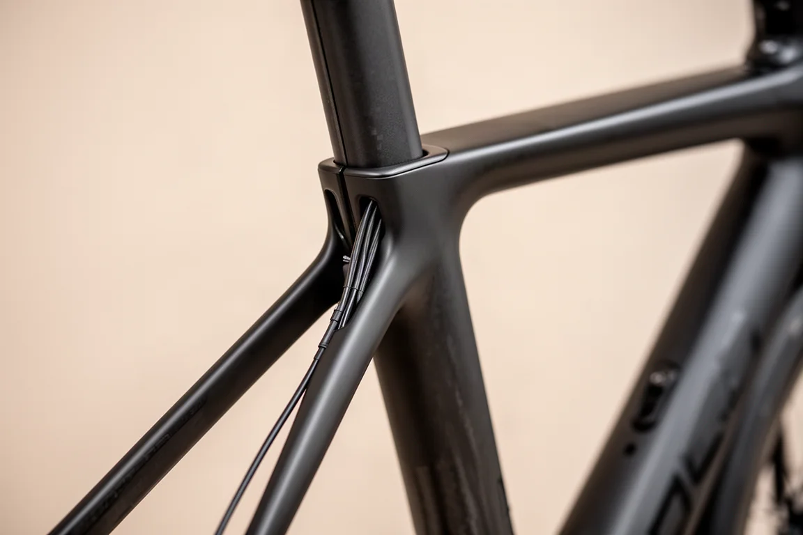 Primer plano del cuadro de carbono de carretera con tirantes traseros bajados y cables internos