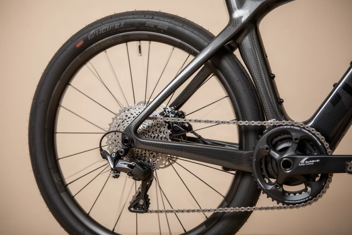 Amplia holgura de neumáticos en una bicicleta de carretera con frenos de disco