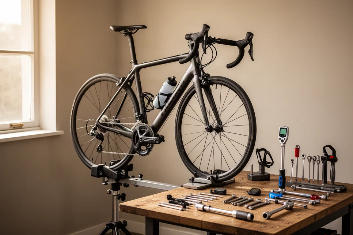 Ajuste y configuración de bicicleta de carretera en un taller con herramientas