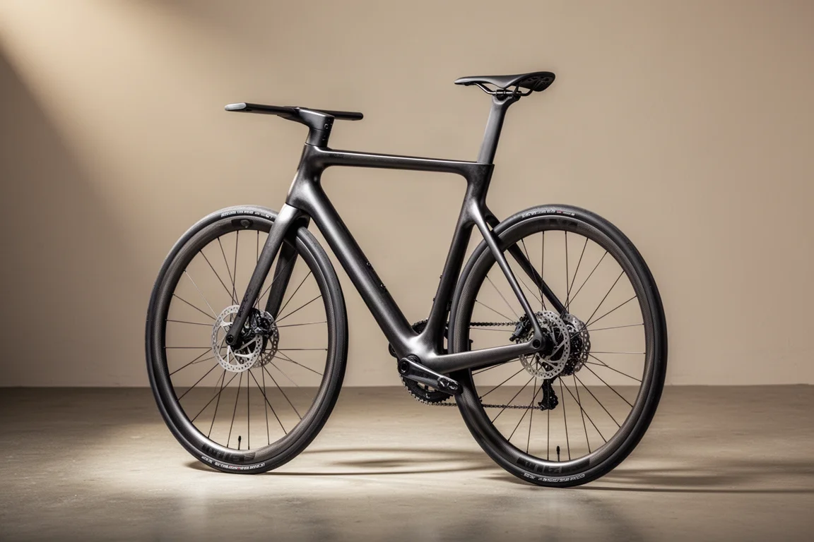 Lichtgewicht racefiets van raw carbon met geïntegreerde cockpit op een betonnen ondergrond