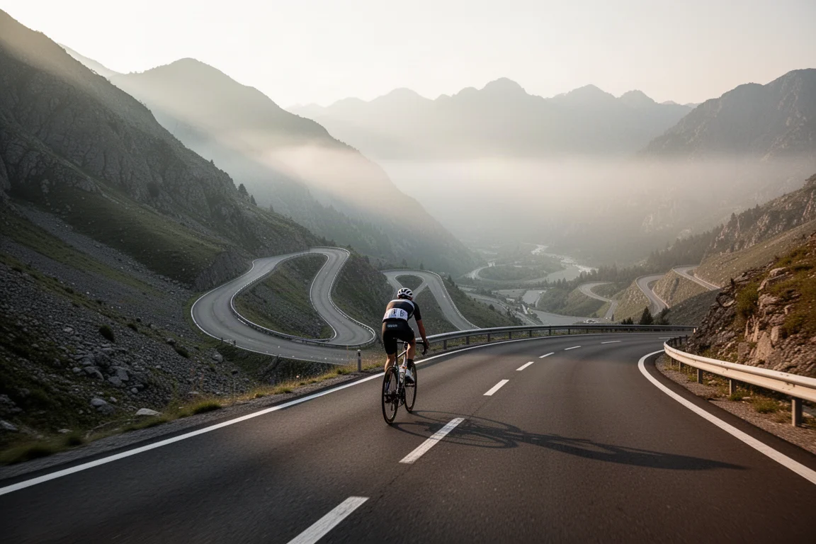 Rennradfahrer beim Klettern auf einer Bergstraße im Licht des frühen Morgens