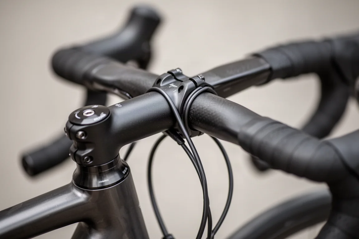 Nahaufnahme eines Rennrad-Cockpits mit im Steuerrohr verlegten Zügen
