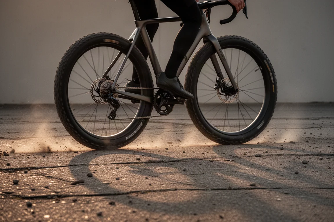Rennrad mit breiten Reifen auf rauem Asphalt in der Abenddämmerung