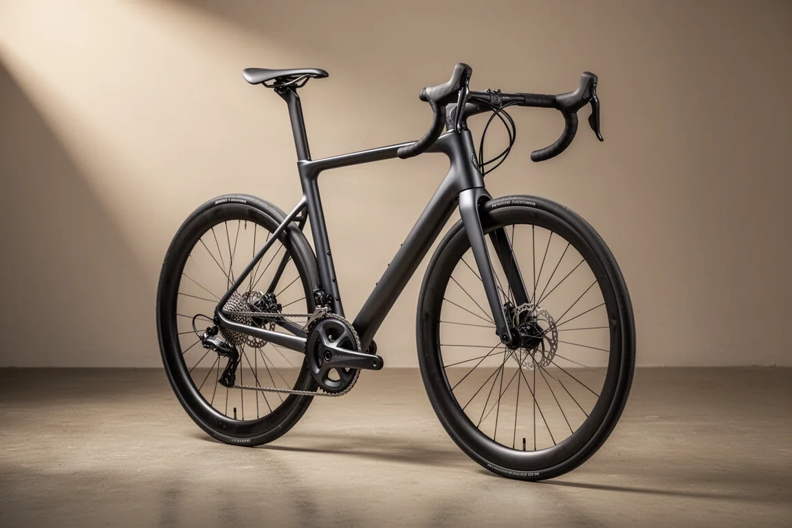 Lichte racefiets met slank donker frame gefotografeerd op een betonnen ondergrond