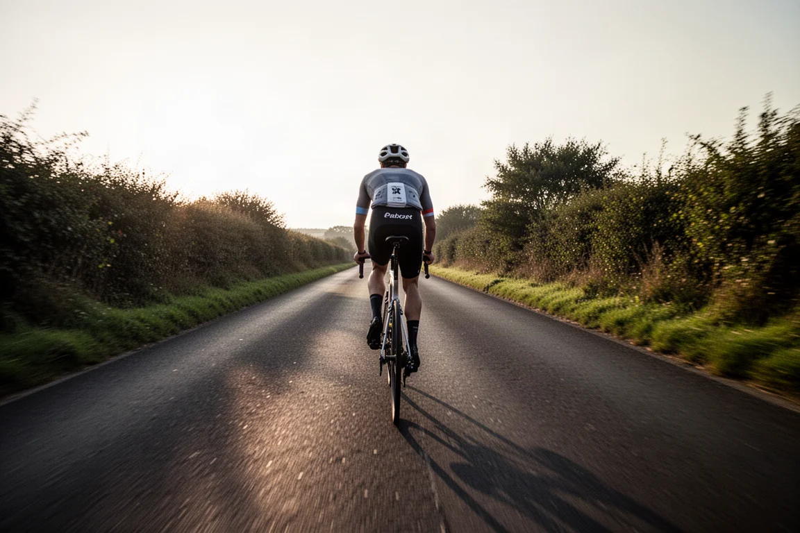 Ciclista su strada che pedala veloce lungo una strada di campagna pianeggiante con luce radente