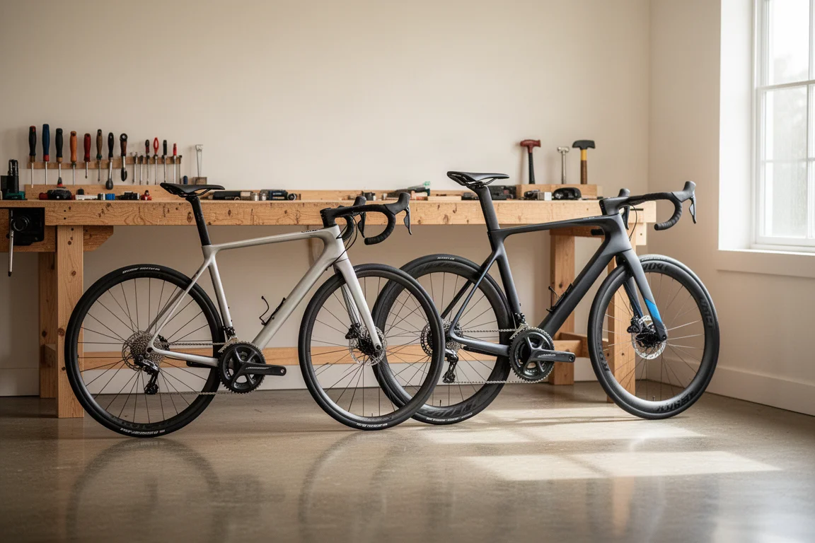 Due bici da strada riposte fianco a fianco in un luminoso laboratorio domestico