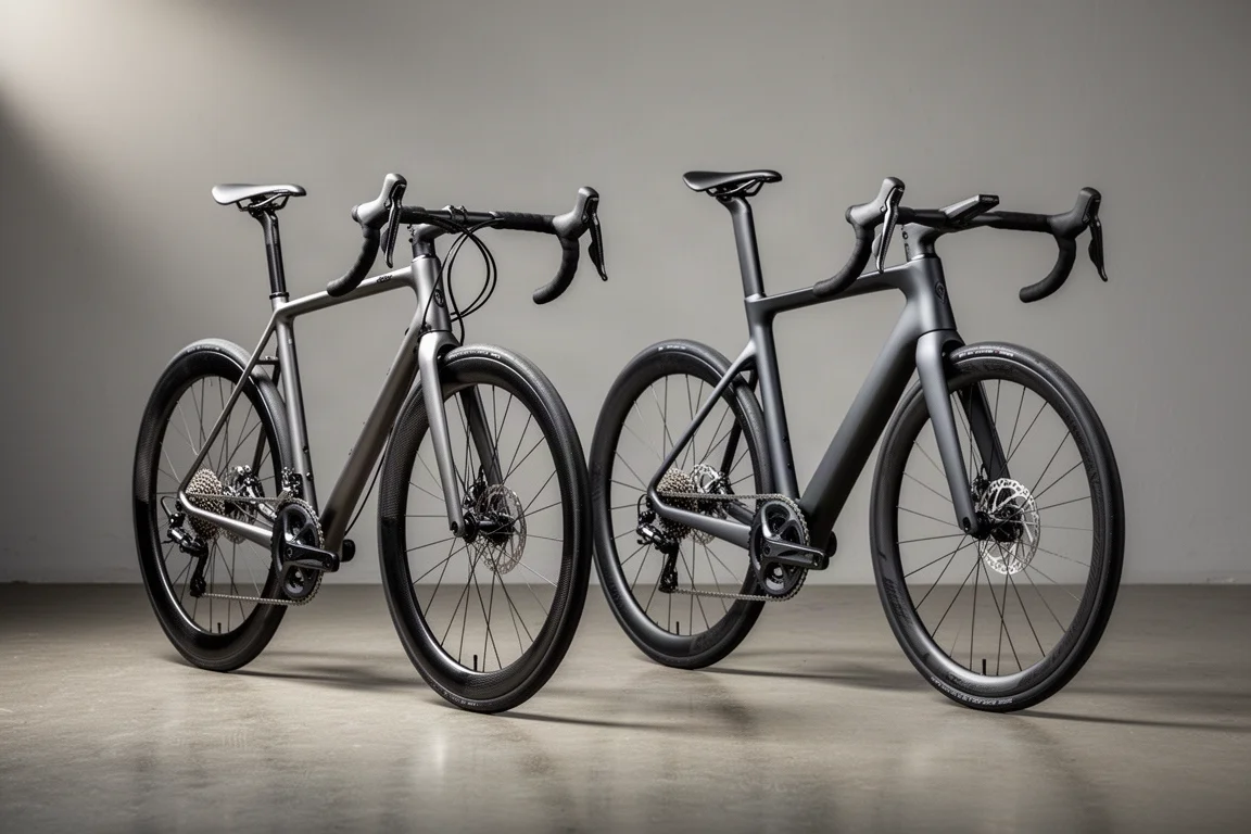 Twee aeroracefietsen naast elkaar, een met velgremmen en een met schijfremmen en een geïntegreerde cockpit